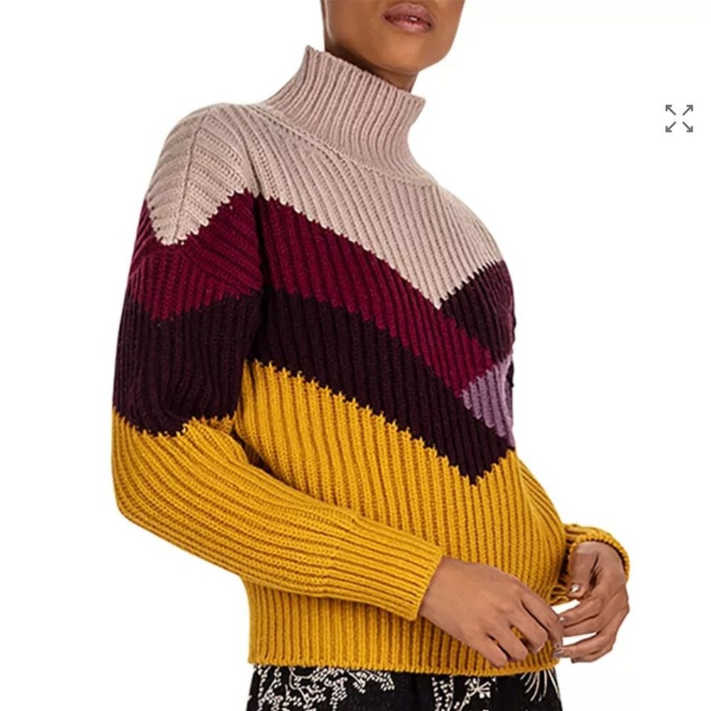 ba&sh Orlando Color-Block Chunky Wool Ribbed Mock Neck Sweater Mustard Sz 1 / S